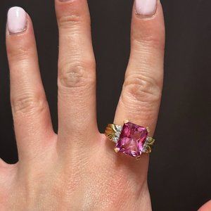 Pink Topaz Rectangle Triple Diamond Ring 14K Gold - Size 7, New In Box